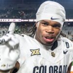 CU football standout athlete Travis Hunter flashes a No. 1 with his finger after a win against CSU in the Rocky Mountain Showdown at Canvas Stadium on Saturday, Sept. 14, 2024, in Fort Collins, Colo.