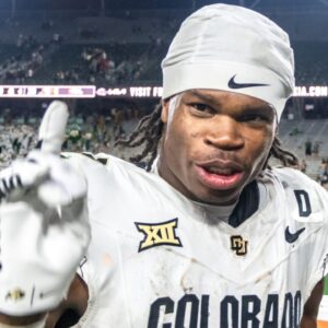 CU football standout athlete Travis Hunter flashes a No. 1 with his finger after a win against CSU in the Rocky Mountain Showdown at Canvas Stadium on Saturday, Sept. 14, 2024, in Fort Collins, Colo.