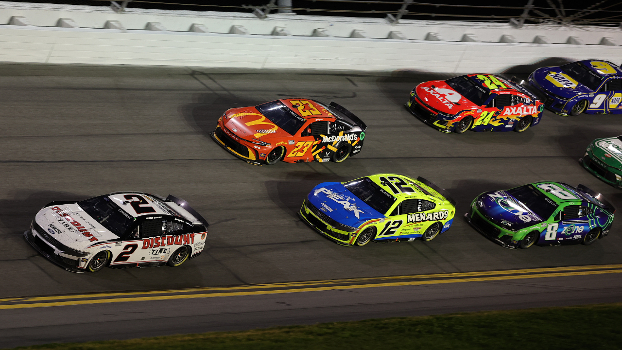 Daytona Beach, Florida, USA; NASCAR Cup Series driver Austin Cindric (2) leads the field during the Daytona 500 at Daytona International Speedway.