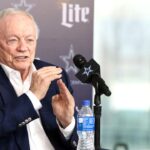 Dallas Cowboys owner Jerry Jones speaks to the media at a press conference at the Star.