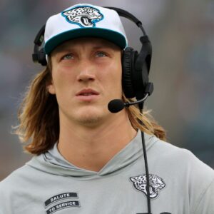 Jacksonville Jaguars quarterback Trevor Lawrence (16) walks on the sideline during the fourth quarter of an NFL football matchup Sunday, Nov. 10, 2024 at Everbank Stadium in Jacksonville, Fla. The Vikings defeated the Jaguars 12-7.