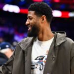 Philadelphia 76ers forward Paul George (8) looks on after the game against the Denver Nuggets at Wells Fargo Center.