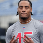 Feb 1, 2025; Orlando, FL, USA; Denver Broncos linebacker Nik Bonitto (15) poses during AFC Practice for the Pro Bowl Games at Camping World Stadium. Mandatory Credit: Kirby Lee-Imagn Images