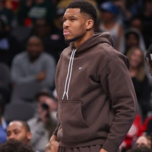 Milwaukee Bucks forward Giannis Antetokounmpo (34) on the sideline against the Atlanta Hawks in the fourth quarter at State Farm Arena.
