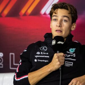 George Russell (63) of Team United Kingdom talks during the drivers press conference, PK, Pressekonferenz in the paddock club area before the Formula 1 Heineken Sliver Las Vegas Grand Prix in Las Vegas