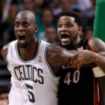 Boston Celtics power forward Kevin Garnett (5) battles for position with Miami Heat power forward Udonis Haslem (40) during the first half in game four of the Eastern Conference finals of the 2012 NBA playoffs at TD Garden