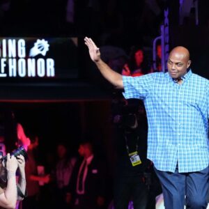 Phoenix Suns legend Charles Barkley greets fans during a Ring of Honor half time ceremony of the game against the Utah Jazz at Footprint Center
