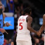 James Harden (L) and Terance Mann and Bones Hyland (R)