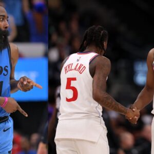 James Harden (L) and Terance Mann and Bones Hyland (R)