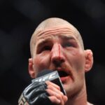 Sean Strickland of United States speaks to the crowd after his loss to Dricus Du Plessis of South Africa in his middleweight title bout during the UFC 312 event at Qudos Bank Arena in Sydney, Sunday, February 9, 2025