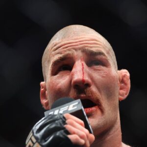 Sean Strickland of United States speaks to the crowd after his loss to Dricus Du Plessis of South Africa in his middleweight title bout during the UFC 312 event at Qudos Bank Arena in Sydney, Sunday, February 9, 2025