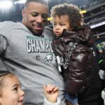 Philadelphia Eagles running back Saquon Barkley (26) celebrates after winning the NFC Championship game against the Washington Commanders at Lincoln Financial Field.
