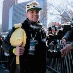 Philadelphia Eagles cornerback Cooper DeJean (33) celebrates during the Super Bowl LIX championship parade and rally.