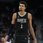 San Antonio Spurs center Victor Wembanyama (1) looks up in the second half against the LA Clippers at Frost Bank Center.