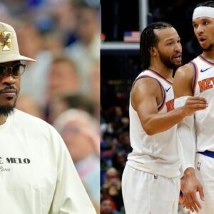 Carmelo Anthony (L), Jalen Brunson and Josh Hart (R)