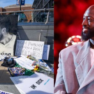 Luka Doncic posters in front of American Airlines Center (L) and Dwyane Wade (R)