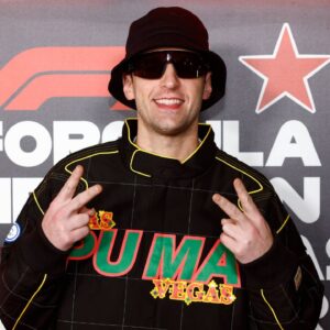 Basketball player Chris Brickley poses for photos on the red carpet prior to the Formula 1 Heineken Silver Las Vegas Grand Prix on the Las Vegas Strip Circuit