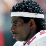 Atlanta Falcons cornerback #21 Deion Sanders during the 1989 season against the Dallas Cowboys at Fulton County Stadium.