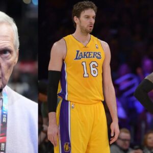 Jerry West (L), Pau Gasol and Kobe Bryant (R)