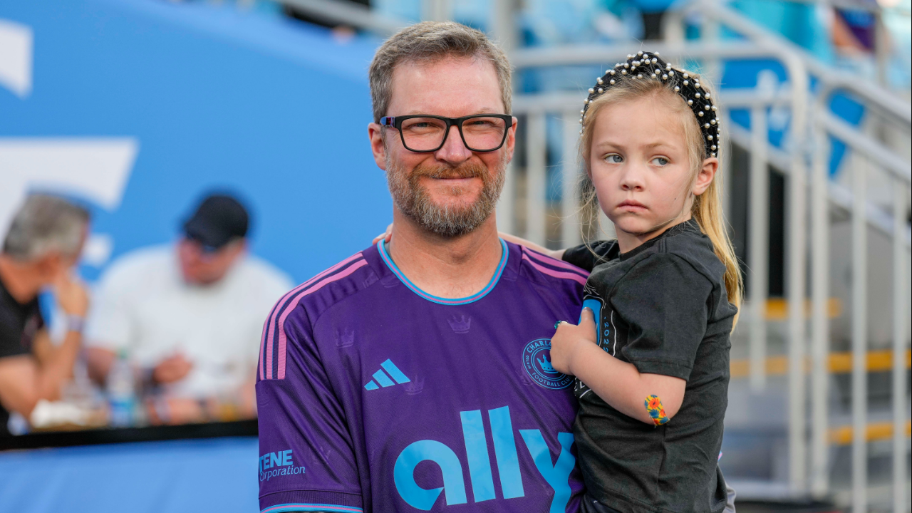Dale Earnhardt Jr. with his daughter Isla Rose during pregame warm ups between the Charlotte FC and the Colorado Rapids at Bank of America Stadium.