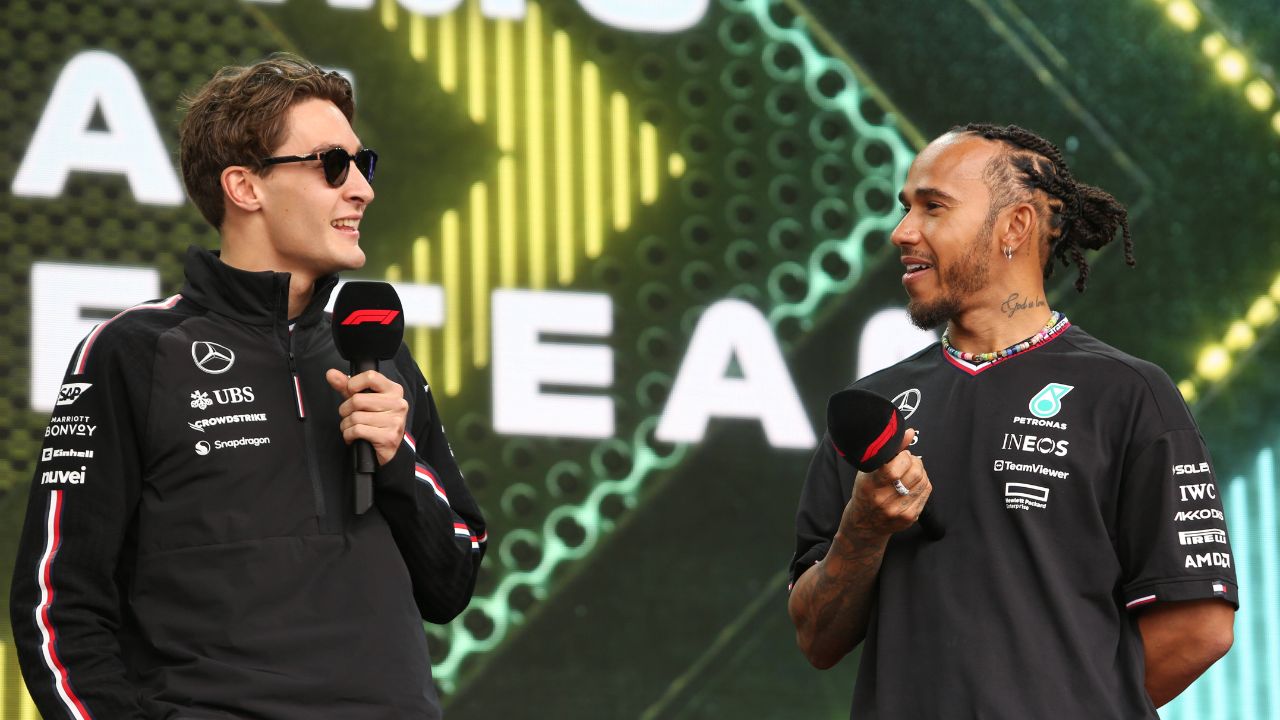 March 23, 2024: GEORGE RUSSELL and LEWIS HAMILTON of Mercedes on stage during the Fan Forum Event at the 2024 Formula One Australian Grand Prix at the Albert Park Circuit in Melbourne on March 23, 2024 in Melbourne, Australia