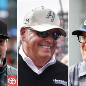 (L-R) 7X NASCAR Cup Series champion Jimmie Johnson with Hendrick Motorsports owner Rick Hendrick and Former Cup Series driver and Xfinity Series team owner Dale Earnhardt Jr.