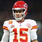 Feb 9, 2025; New Orleans, LA, USA; Kansas City Chiefs quarterback Patrick Mahomes (15) reacts in the fourth quarter against the Philadelphia Eagles in Super Bowl LIX at Caesars Superdome.