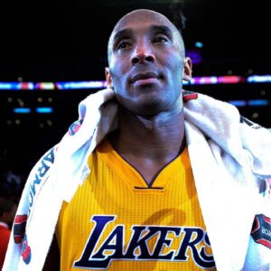 Los Angeles Lakers forward Kobe Bryant (24) looks on after the Lakers defeat of the Utah Jazz 101-96 at Staples Center in Bryant's final game of his career. Bryant scored 60 points in the game.