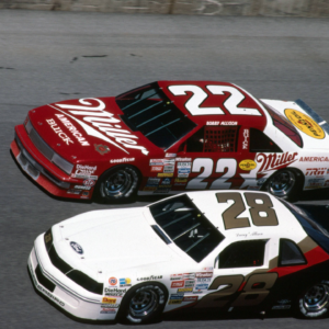 1987 Feb 12: Bobby Allison (22) Buick races Davey Allison (28) Ford Thunderbird in the 7-11 Twin 125s NASCAR Motorsport USA Winston Cup Series at Daytona International Speedway in Daytona Beach FL NASCAR Motorsport USA 1987 FEB 12 - 7-11 Twin 125s Icon9510212870222 EDITORIAL USE ONLY