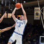 Duke Blue Devils forward Cooper Flagg (2) shoots over California Golden Bears guard Christian Tucker (22) during the second half at Cameron Indoor Stadium