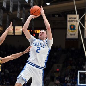 Duke Blue Devils forward Cooper Flagg (2) shoots over California Golden Bears guard Christian Tucker (22) during the second half at Cameron Indoor Stadium