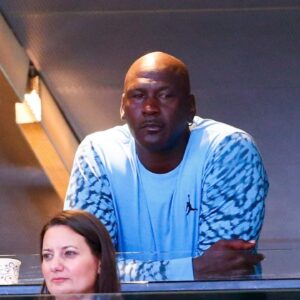 North Carolina Tar Heels former player Michael Jordan watches the game against the Davidson Wildcats from a suite at the Spectrum Center.