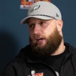 Philadelphia Eagles offensive tackle Lane Johnson speaks with the media during a press conference at Hilton New Orleans Riverside.