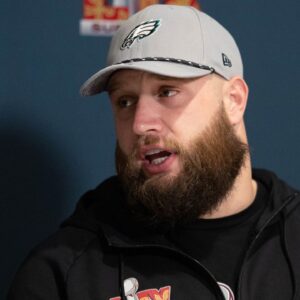 Philadelphia Eagles offensive tackle Lane Johnson speaks with the media during a press conference at Hilton New Orleans Riverside.