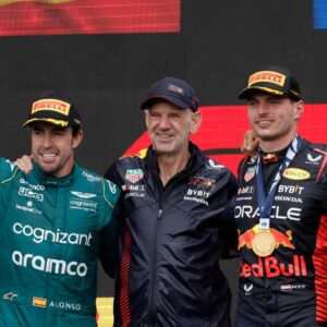 (L-R) Second placed FERNANDO ALONSO of Spain and Aston Martin F1 Team, ADRIAN NEWEY, the Chief Technical Officer of Red Bull Racing, First placed MAX VERSTAPPEN of the Netherlands and Oracle Red Bull Racing and Third placed LEWIS HAMILTON of Great Britain and Mercedes celebrate on the podium after the F1 Grand Prix of Canada at Circuit Gilles Villeneuve on June 18, 2023 in Montreal, Quebec, Canada
