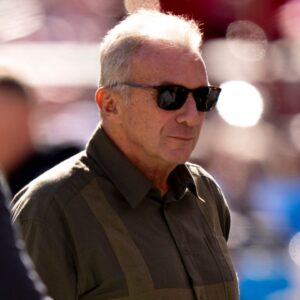 Joe Montana, San Francisco 49ers former quarterback, walks on the field before the NFL game between the Cincinnati Bengals and the San Francisco 49ers at Levi Stadium in Santa Clara, Calif., on Sunday, Oct 29, 2023.