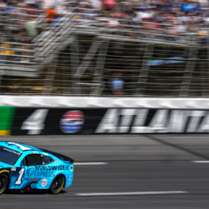 Sep 8, 2024; Hampton, Georgia, USA; NASCAR Cup Series driver Ross Chastain (1) coming out of turn four at Atlanta Motor Speedway. Mandatory Credit: Jason Allen-Imagn Images