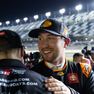 NASCAR Cup Series driver Chase Briscoe (19) celebrates after winning the pole position during qualifying for the Daytona 500 at Daytona International Speedway.