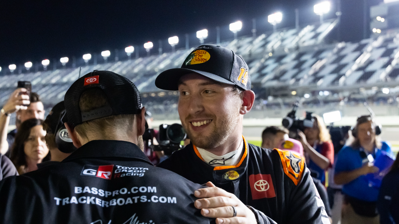 NASCAR Cup Series driver Chase Briscoe (19) celebrates after winning the pole position during qualifying for the Daytona 500 at Daytona International Speedway.