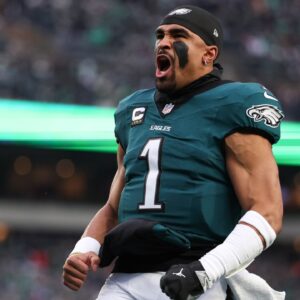 Philadelphia Eagles quarterback Jalen Hurts (1) before action against the Los Angeles Rams in a 2025 NFC divisional round game at Lincoln Financial Field.