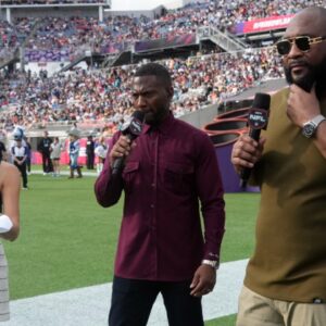 Feb 2, 2025; Orlando, FL, USA; ESPN broadcasters Laura Rutledge (left), Ryan Clark (center) and Marcus Spears during the 2025 Pro Bowl Games at Camping World Stadium.