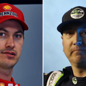 (L-R) NASCAR Cup Series drivers Joey Logano and Kyle Busch