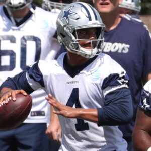 Jun 13, 2017; Frisco, TX, USA; Dallas Cowboys quarterback Dak Prescott (4) throws in the pocket during minicamp at The Star at Cowboys World Headquarters.