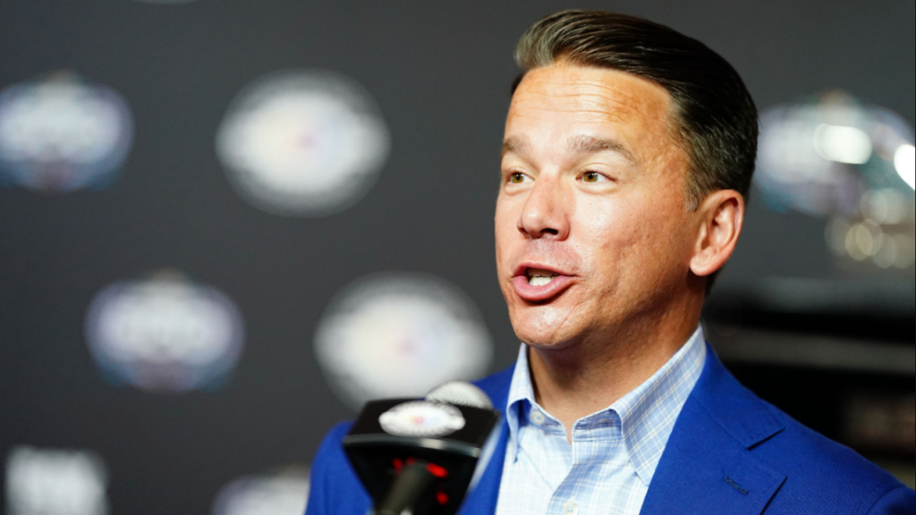 Feb 15, 2023; Daytona Beach, Florida, USA; Daytona president Frank Kelleher talks with the press during media day at Daytona International Speedway. Mandatory Credit: John David Mercer-Imagn Images