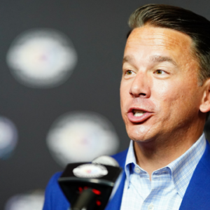 Feb 15, 2023; Daytona Beach, Florida, USA; Daytona president Frank Kelleher talks with the press during media day at Daytona International Speedway. Mandatory Credit: John David Mercer-Imagn Images