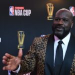 Shaquille O'Neal arrives on the red carpet before the Emirates NBA Cup semifinal game at T-Mobile Arena.