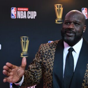 Shaquille O'Neal arrives on the red carpet before the Emirates NBA Cup semifinal game at T-Mobile Arena.