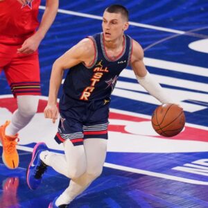 Kennyís Young Stars guard Tyler Herro (14) of the Miami Heat controls the ball against Chuckís Global Stars during the 2025 NBA All Star Game at Chase Center