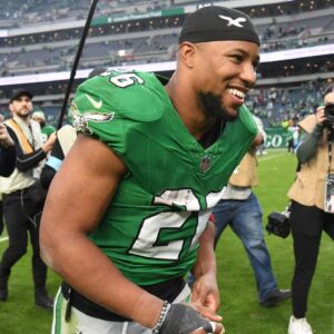Philadelphia Eagles running back Saquon Barkley (26) runs off the field after win against the Dallas Cowboys at Lincoln Financial Field.