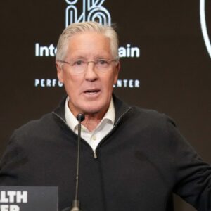 Jan 27, 2025; Las Vegas, NV, USA; Las Vegas Raiders coach Pete Carroll at press conference at Intermountain Health Performance Center.